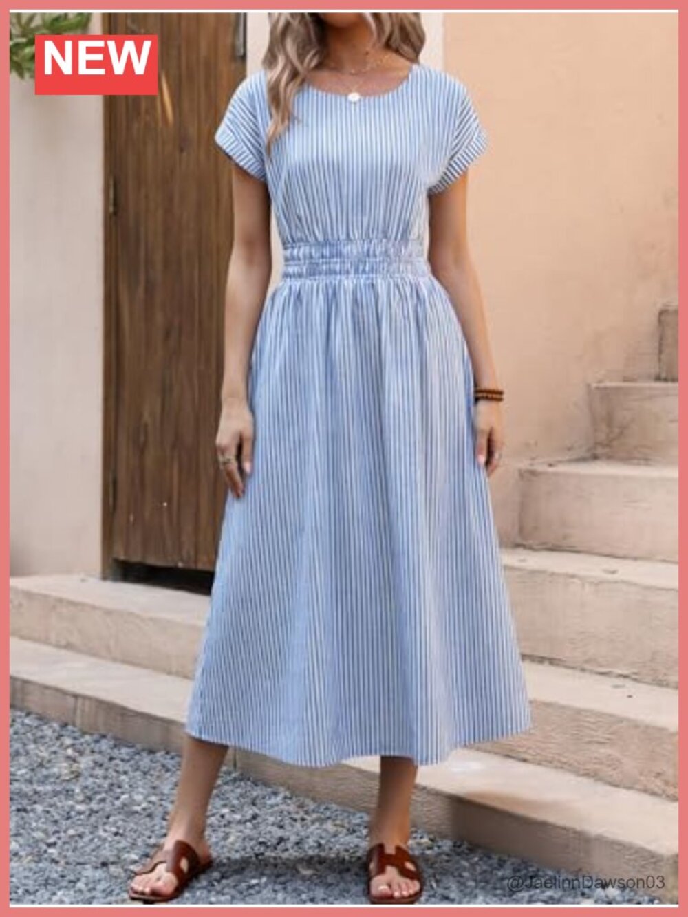 Casual Midi Dress with Pockets Short Sleeve Crewneck Elastic Waist Flowy Beach - Picture 2 of 6
